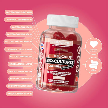 Bio-Cultures Microbiome Complex Gummy | 12 Multi-Strain Probiotics 1 Billion CFU | Acidophilus & Bifidobacterium | Strawberry Flavour | 60 Vegan Gummies | Support Wellbeing & Gut Heath by ®