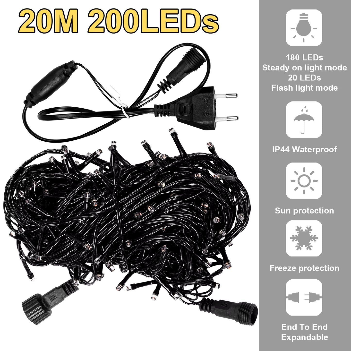 20M Black Wire 156/200 LED Fairy String Lights Garlands Christmas Tree Decoration for Wedding Party Outdoor Indoor EU UK Plug