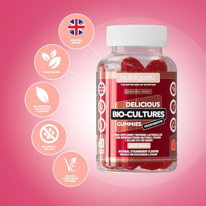 Bio-Cultures Microbiome Complex Gummy | 12 Multi-Strain Probiotics 1 Billion CFU | Acidophilus & Bifidobacterium | Strawberry Flavour | 60 Vegan Gummies | Support Wellbeing & Gut Heath by ®