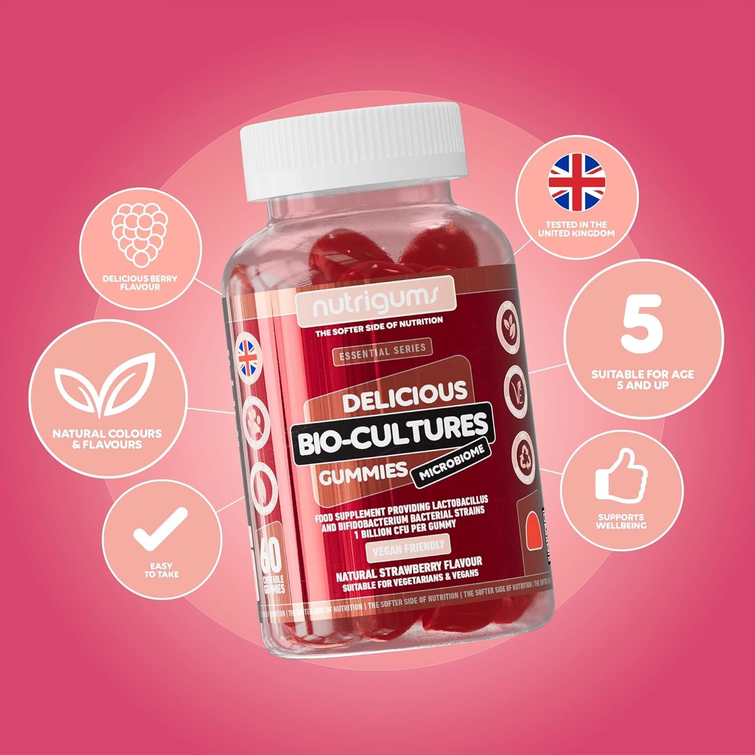 Bio-Cultures Microbiome Complex Gummy | 12 Multi-Strain Probiotics 1 Billion CFU | Acidophilus & Bifidobacterium | Strawberry Flavour | 60 Vegan Gummies | Support Wellbeing & Gut Heath by ®