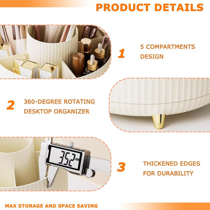 360° Rotating Makeup Organiser, Makeup Brush Holder with 5 Compartments, Spinning Desk Organiser Cosmetic Organizer, Rotating Cosmetics Brush Organiser for Vanity Desk, Table, Office (White)