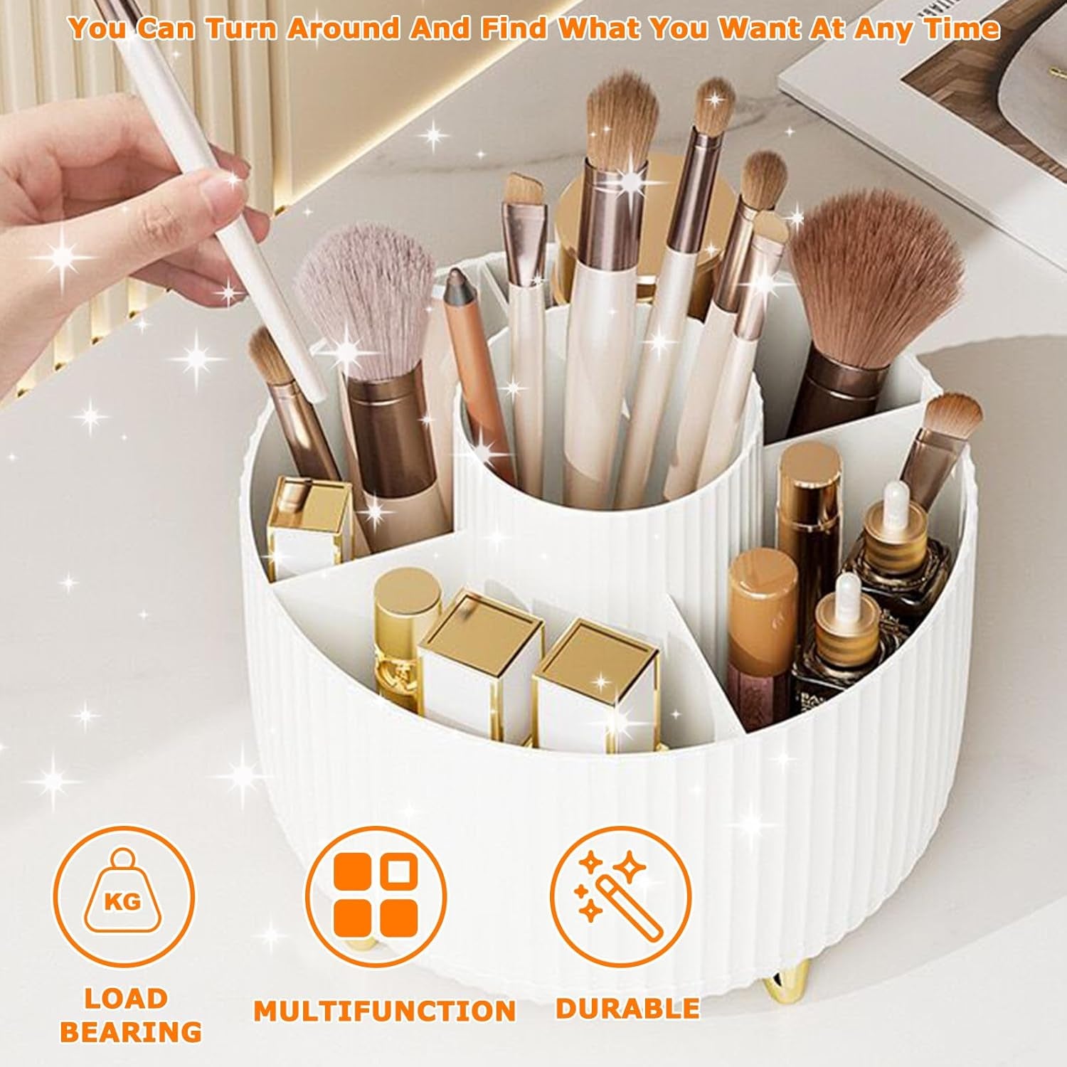 360° Rotating Makeup Organiser, Makeup Brush Holder with 5 Compartments, Spinning Desk Organiser Cosmetic Organizer, Rotating Cosmetics Brush Organiser for Vanity Desk, Table, Office (White)