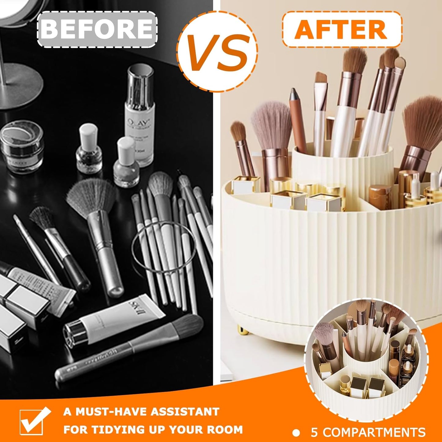360° Rotating Makeup Organiser, Makeup Brush Holder with 5 Compartments, Spinning Desk Organiser Cosmetic Organizer, Rotating Cosmetics Brush Organiser for Vanity Desk, Table, Office (White)