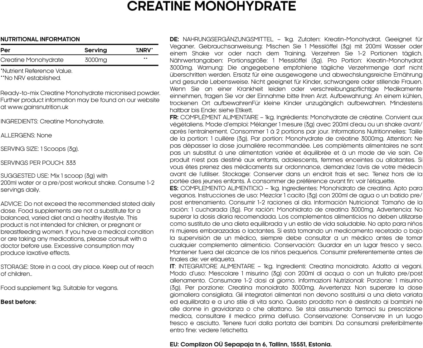 GN Creatine Powder | 500G High Strength Creatine Monohydrate Powder - 5G per Serving | Unflavoured Filler Free Creatine-Monohydrate | Non-Gmo & Gluten Free