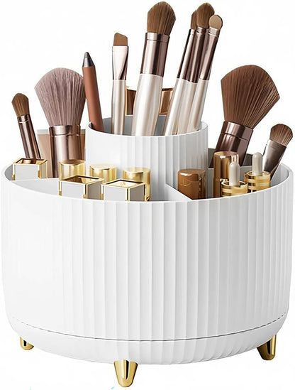 360° Rotating Makeup Organiser, Makeup Brush Holder with 5 Compartments, Spinning Desk Organiser Cosmetic Organizer, Rotating Cosmetics Brush Organiser for Vanity Desk, Table, Office (White)