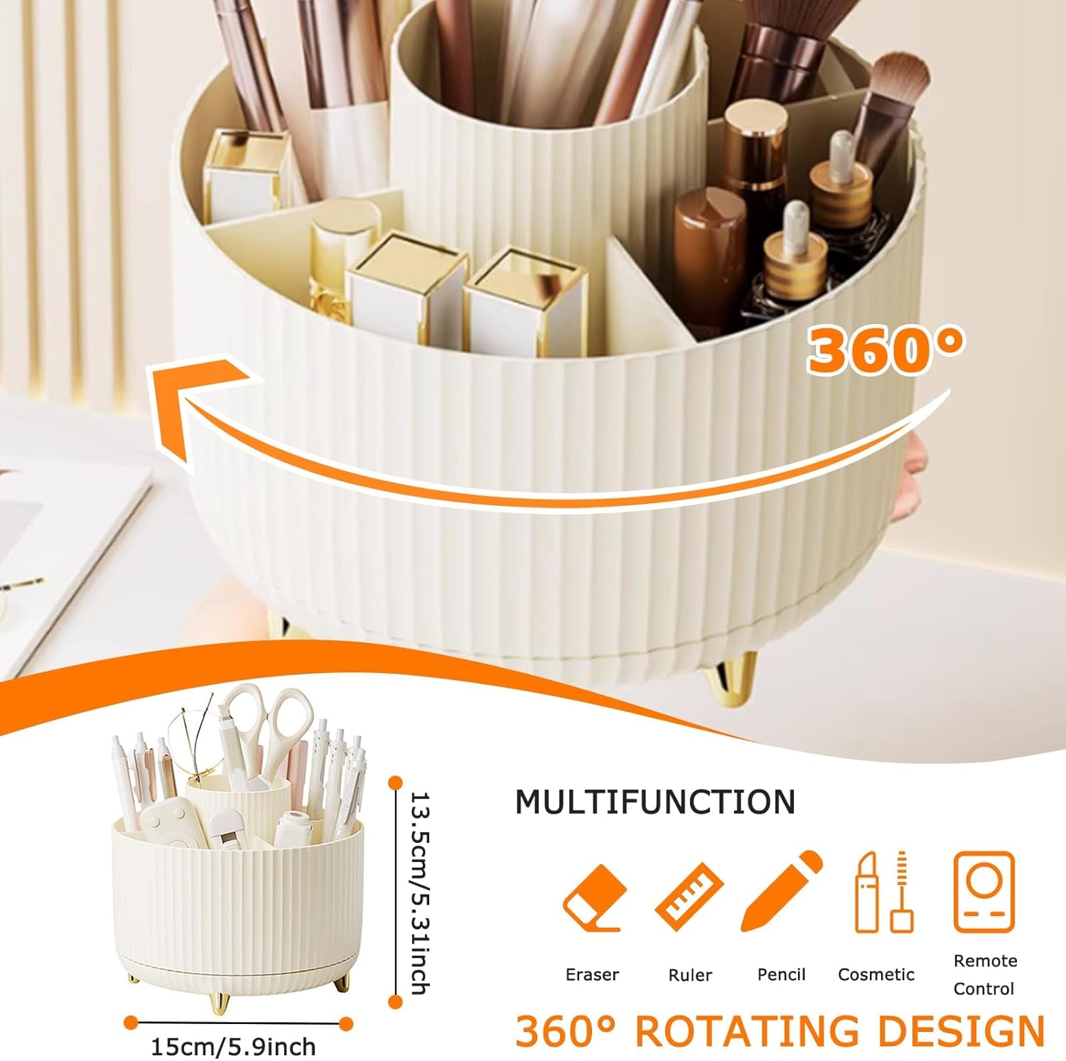 360° Rotating Makeup Organiser, Makeup Brush Holder with 5 Compartments, Spinning Desk Organiser Cosmetic Organizer, Rotating Cosmetics Brush Organiser for Vanity Desk, Table, Office (White)
