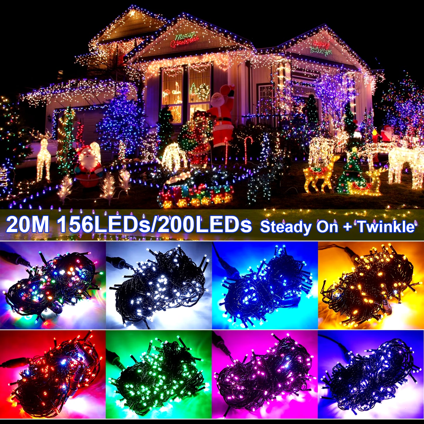 20M Black Wire 156/200 LED Fairy String Lights Garlands Christmas Tree Decoration for Wedding Party Outdoor Indoor EU UK Plug