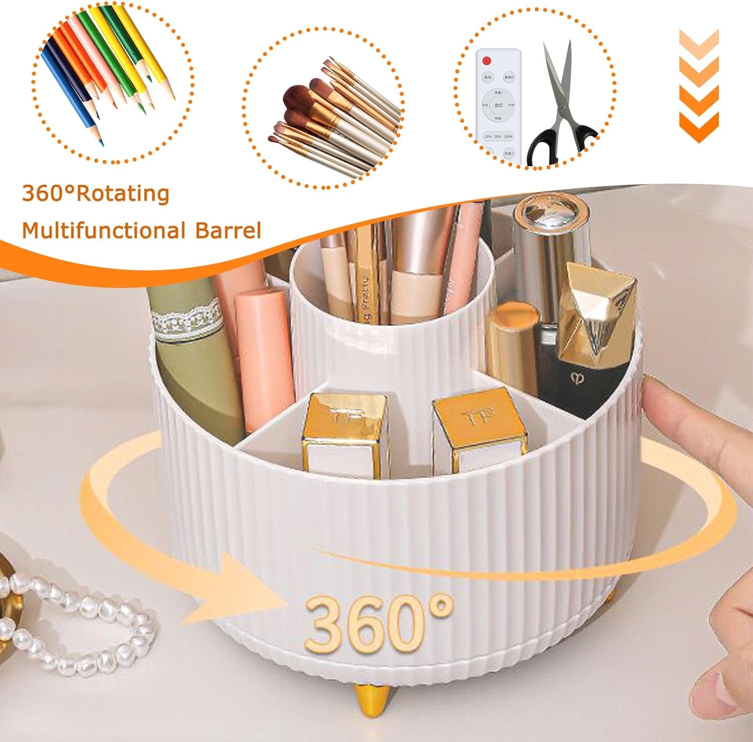 360° Rotating Makeup Organiser, Makeup Brush Holder with 5 Compartments, Spinning Desk Organiser Cosmetic Organizer, Rotating Cosmetics Brush Organiser for Vanity Desk, Table, Office (White)